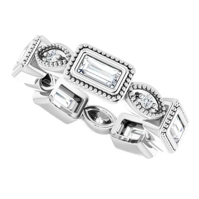 0.77 ct. Straight Baguette & Round Diamond Eternity Band Milgrain Accent Ring