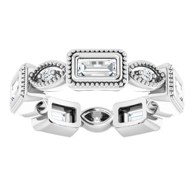 0.77 ct. Straight Baguette & Round Diamond Eternity Band Milgrain Accent Ring