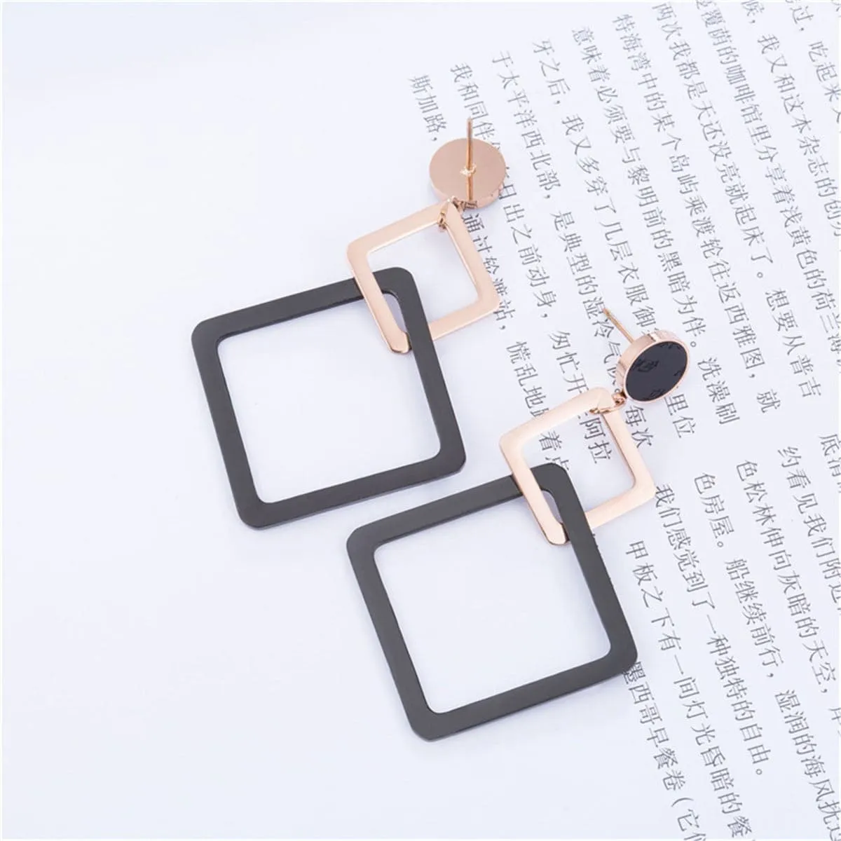 18K Rose Gold-Plated & Black Double Open Rhombus Drop Earrings