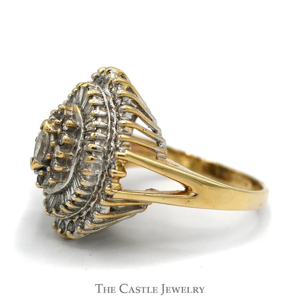 2cttw Ballerina Cluster Ring with Marquise Center & Round/Baguette Diamond Surround