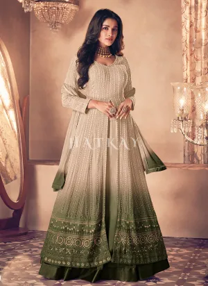 Beige Green Ombré Traditional Embroiderey Anarkali Lehenga