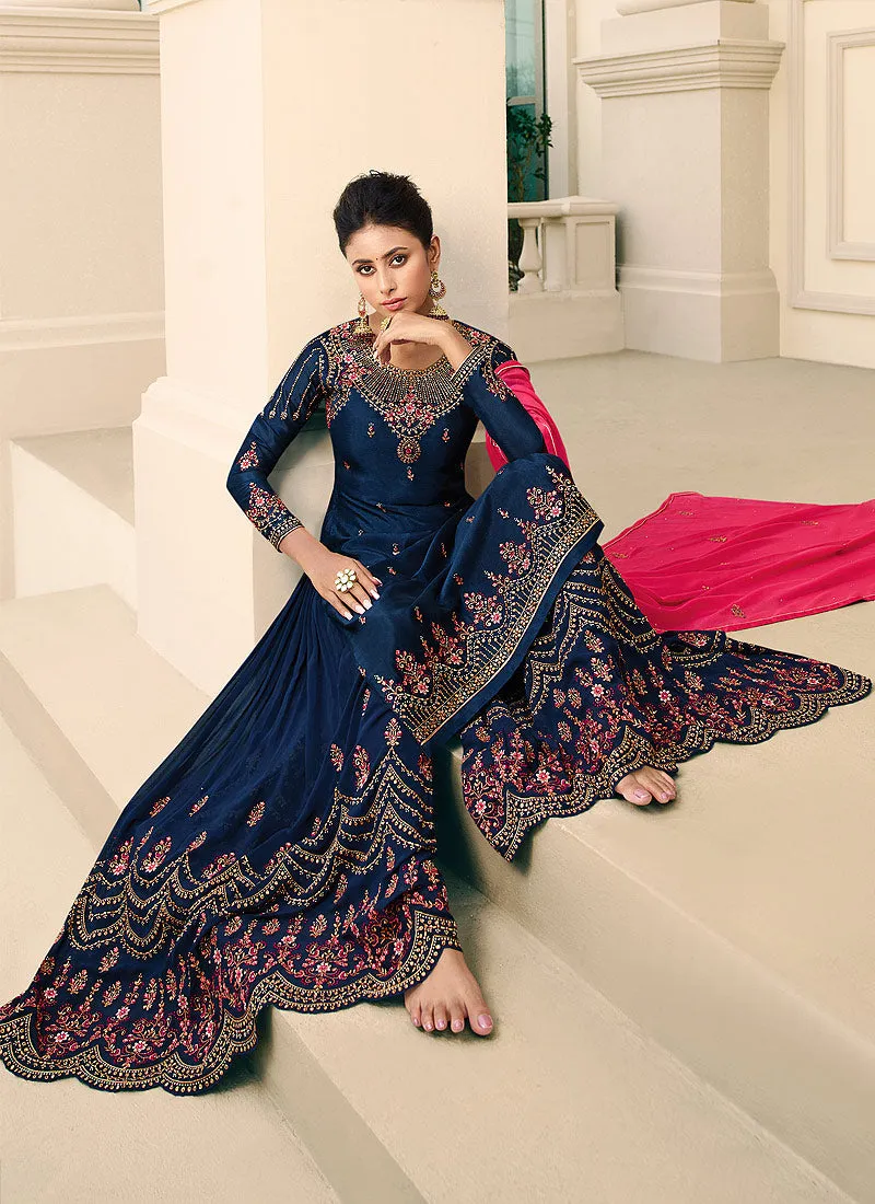 Blue And Pink Designer Gharara Style Suit