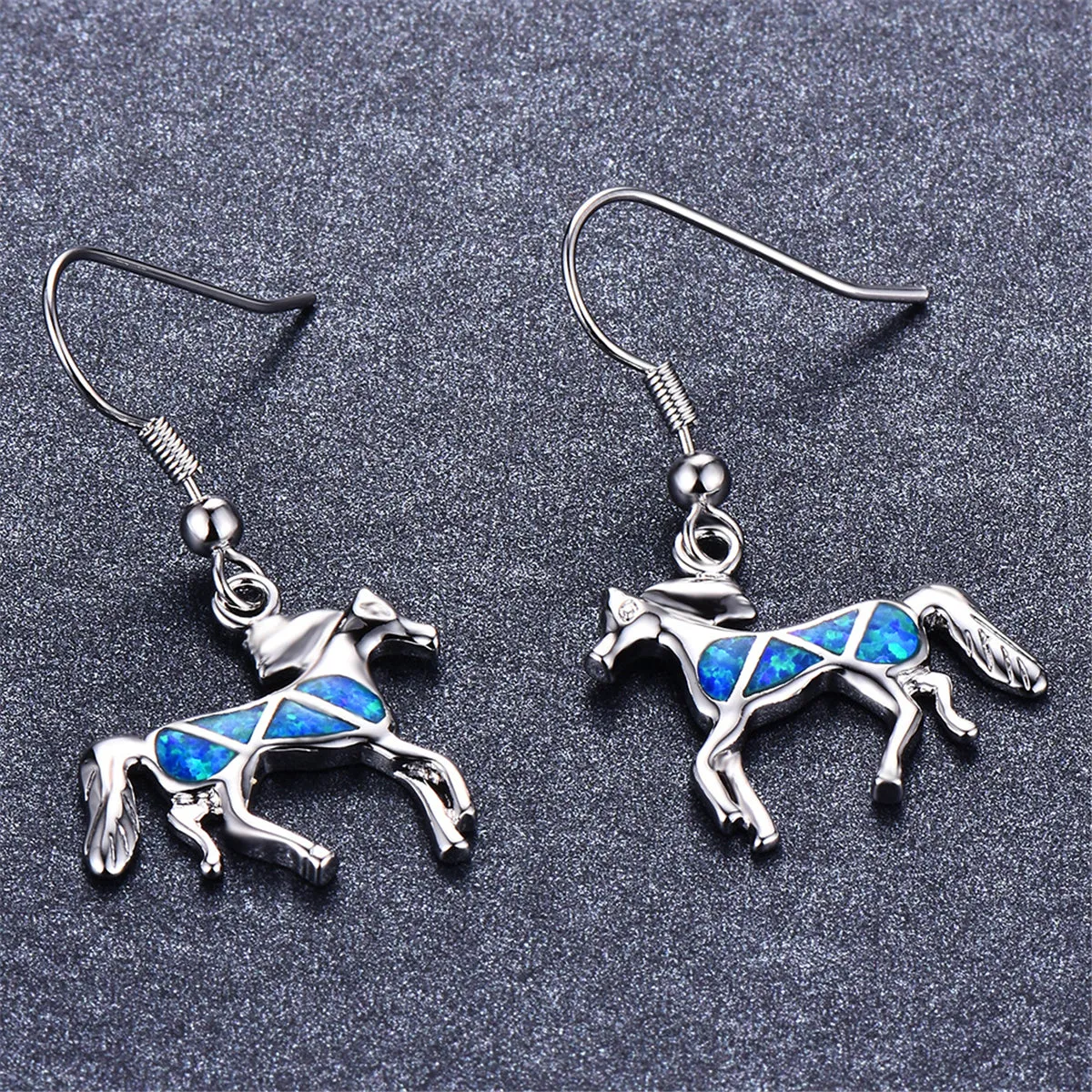 Blue Opal & Silver-Plated Horse Drop Earrings