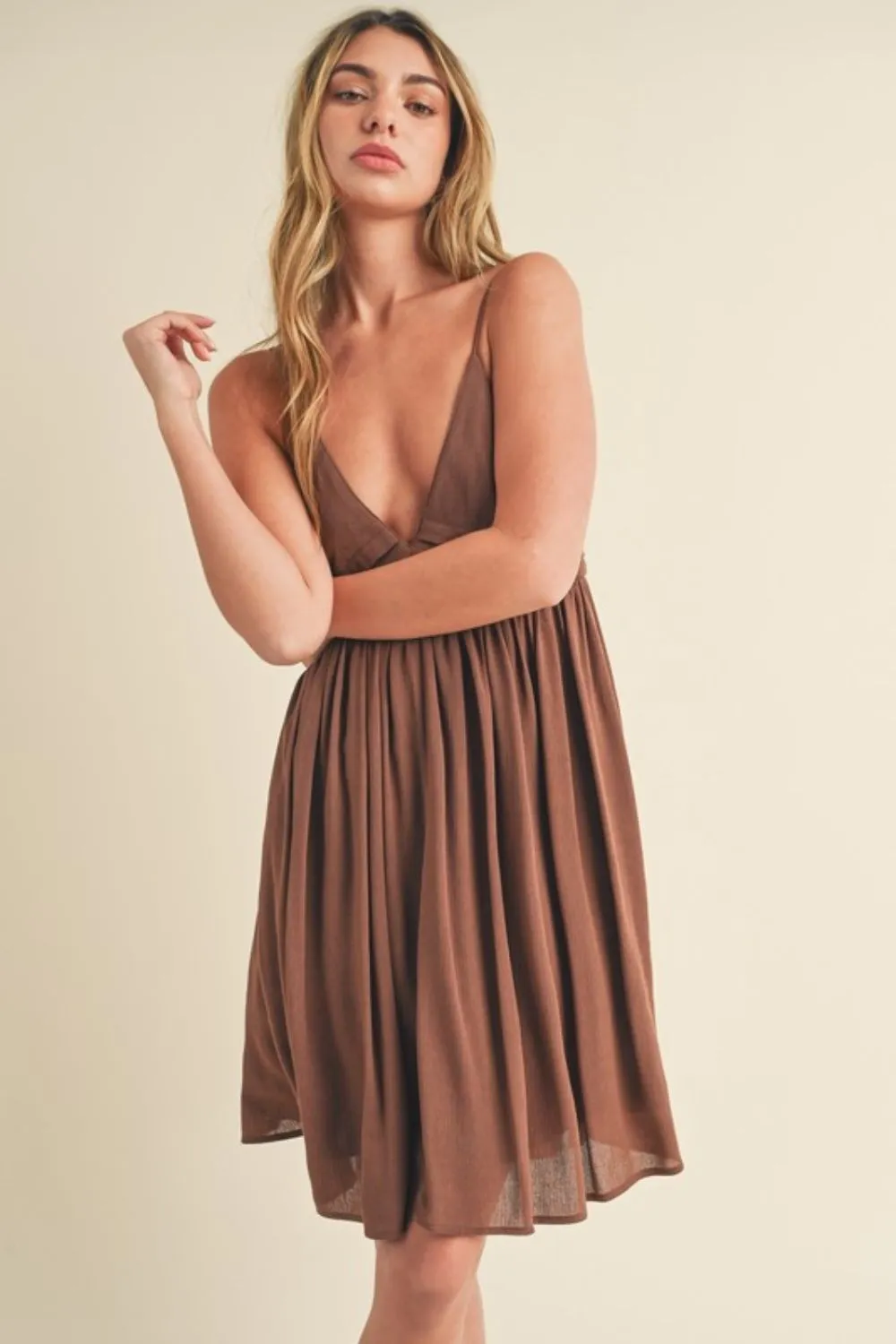 Brown Ruched Plunge Mini Cami Dress