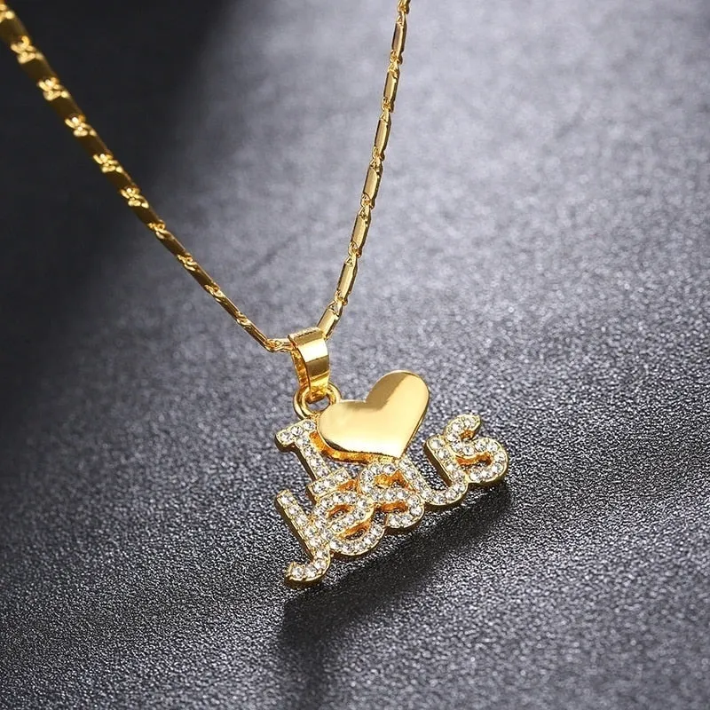 Christianartbag Jewelry, Trendy Letter I LOVE JESUS Shape Pendant Necklace Women's Necklace Bohemian Crystal Inlaid Pendant Religious Accessories Jewelry,CABJWL04270723