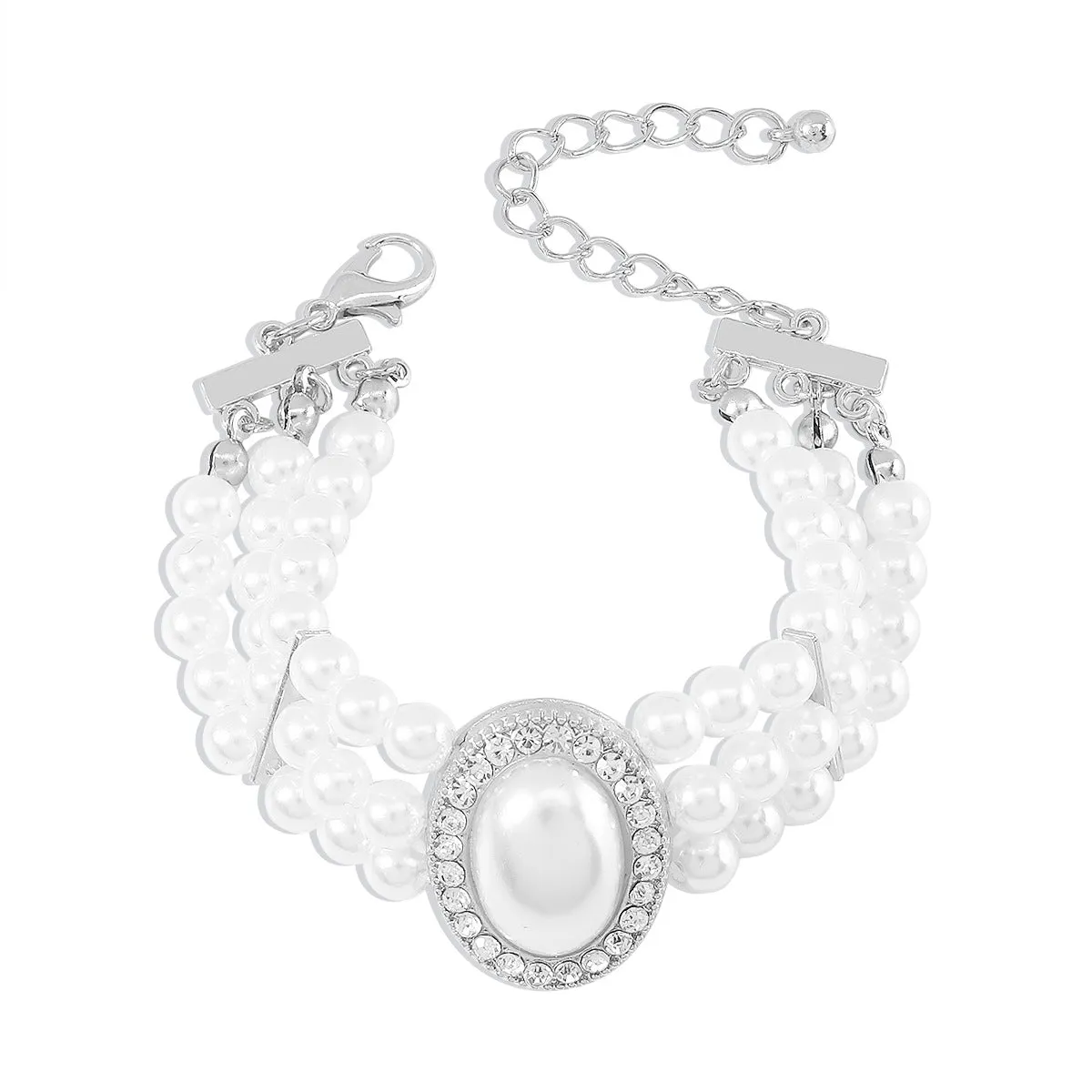 Cubic Zirconia & Pearl Silver-Plated Layered Oval Charm Bracelet