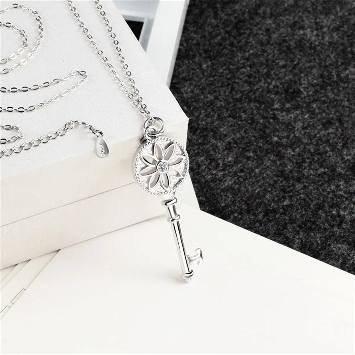 Cubic Zirconia & Silver-Plated Floral Key Pendant Necklace