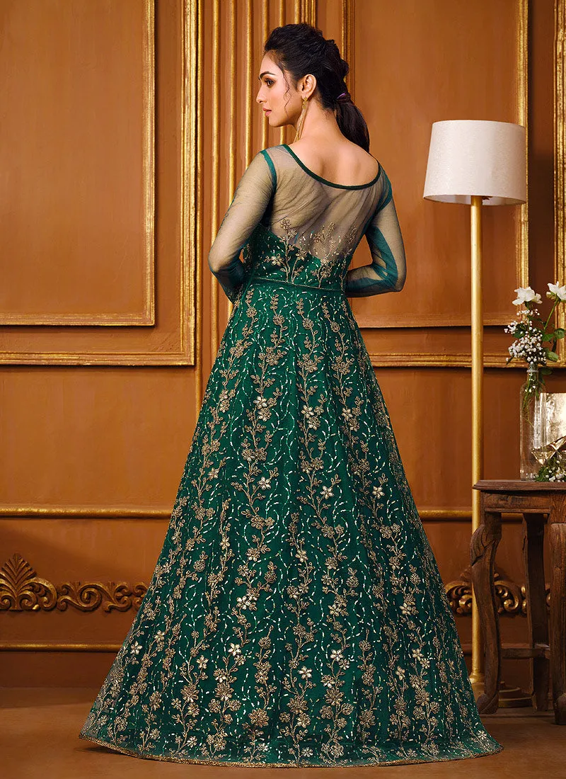 Dark Green Zari Embroidered Slit Style Anarkali Pant Suit