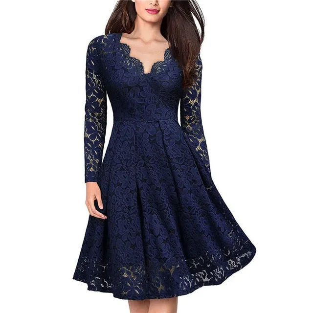 Elegant Dress for Women Vintage Lace Long Sleeve V Neck