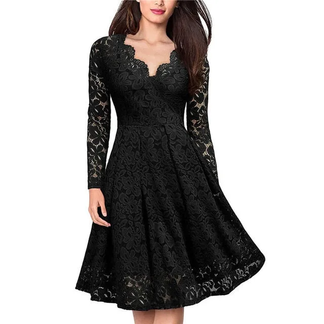 Elegant Dress for Women Vintage Lace Long Sleeve V Neck