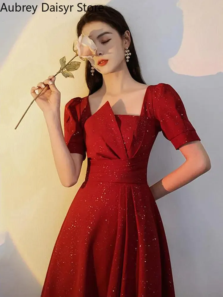 Elegant Red A-Line Evening Dress with Puff Sleeves - Women's Formal Party Gown with Glitter Accents
