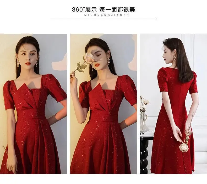 Elegant Red A-Line Evening Dress with Puff Sleeves - Women's Formal Party Gown with Glitter Accents