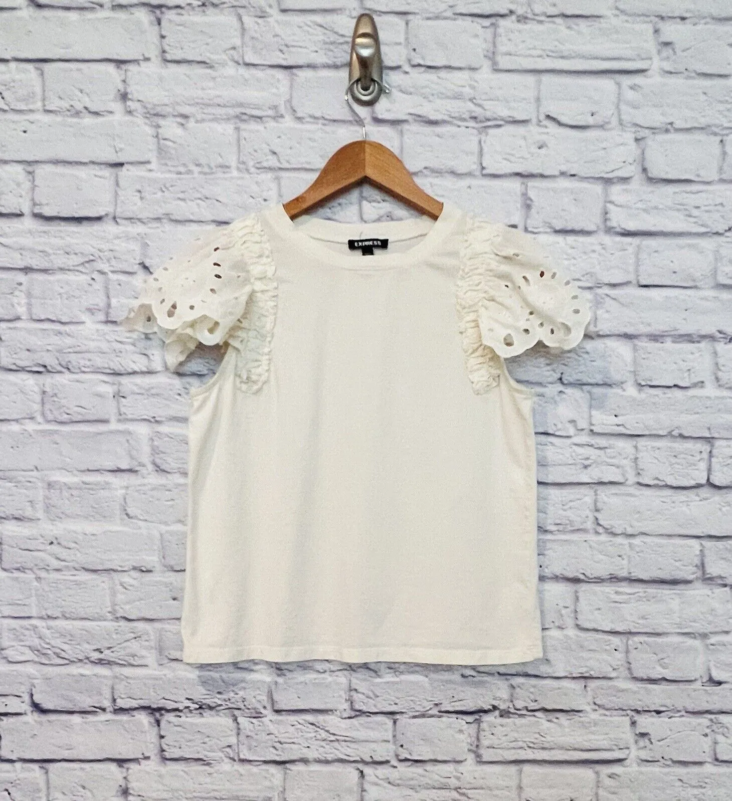EXPRESS Womens Ivory Top Small Puff Eyelet Sleeves Boho 100% Cotton