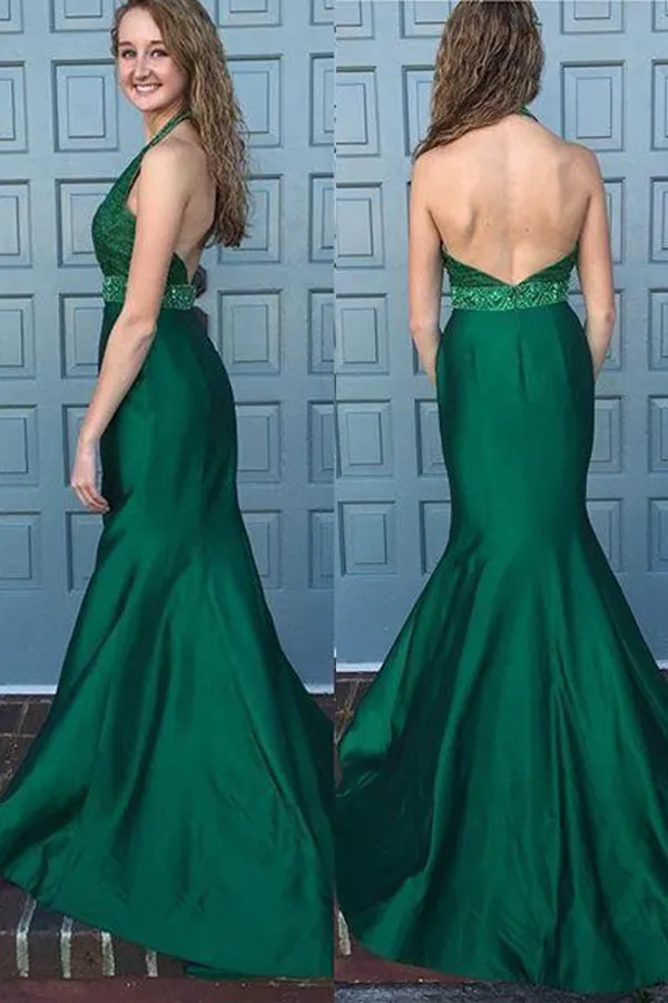 Mermaid Halter Sleeveless Sweep Train Backless Green Prom Dress with Lace Beading P84