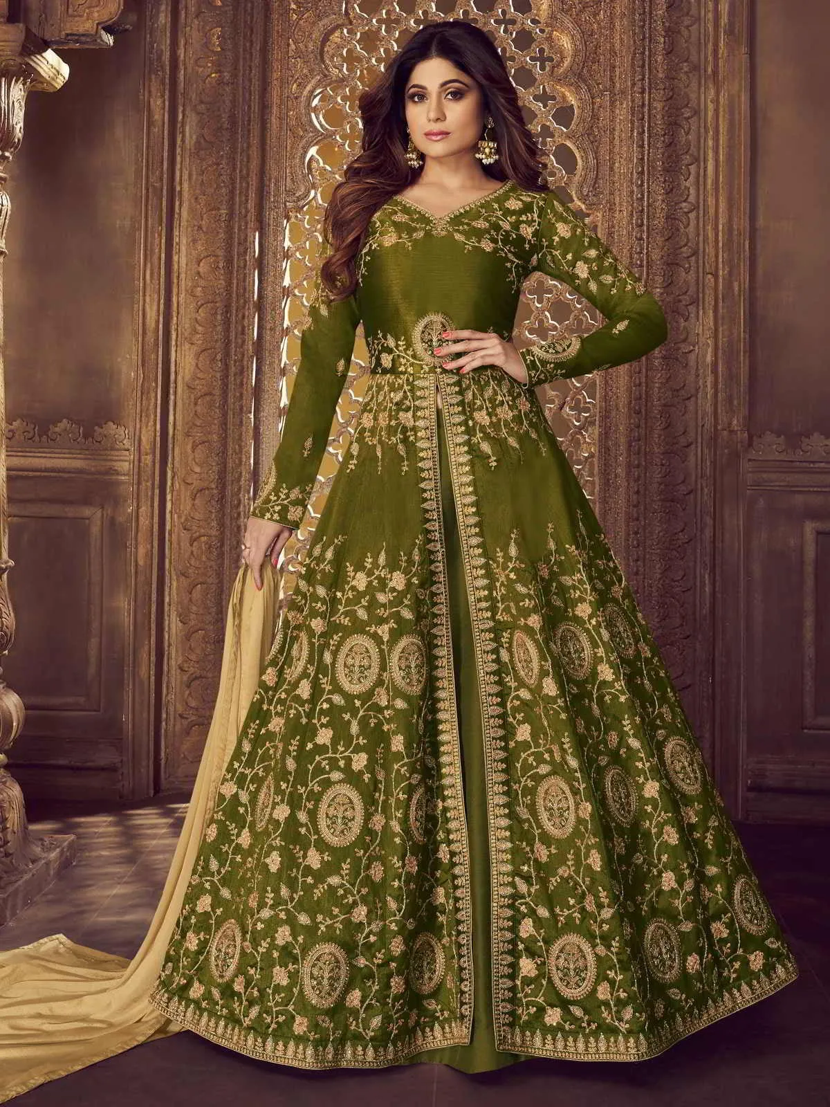 Olive Green Golden Traditional Anarkali Lehenga Suit