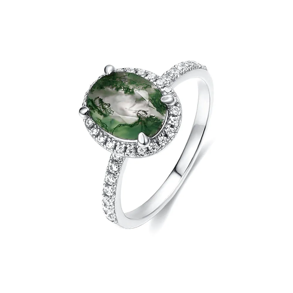 Oval Natural Green Diamond Moss Agate Ring
