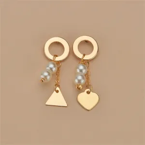 Pearl & 18K Gold-Plated Heart Triangle Mismatching Drop Earrings