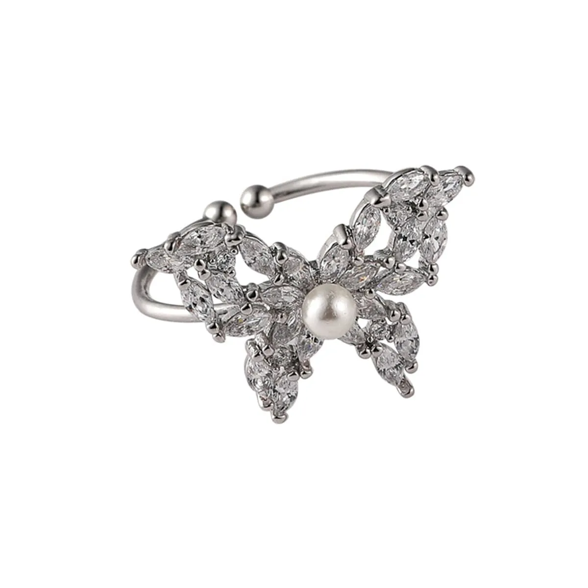 Pearl & Crystal Silver-Plated Butterfly Band Ring