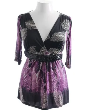 Plus Size Braided Belt Floral Purple Top