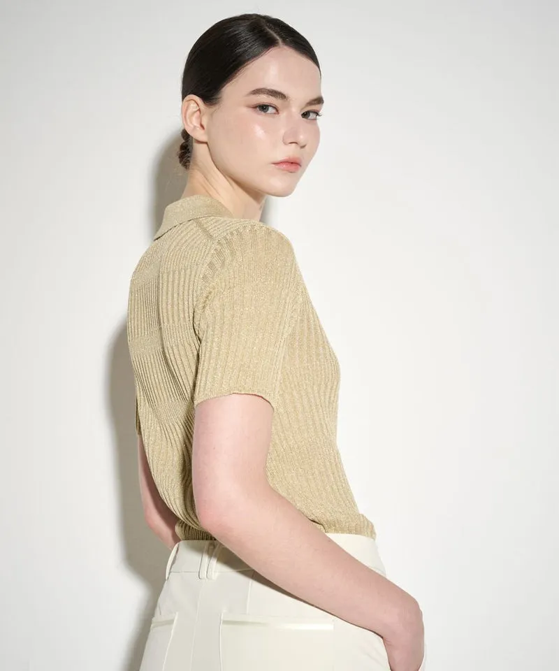 POSHERD Glitter Holgarment Short Sleeve Collar Knit Top - Sand Beige