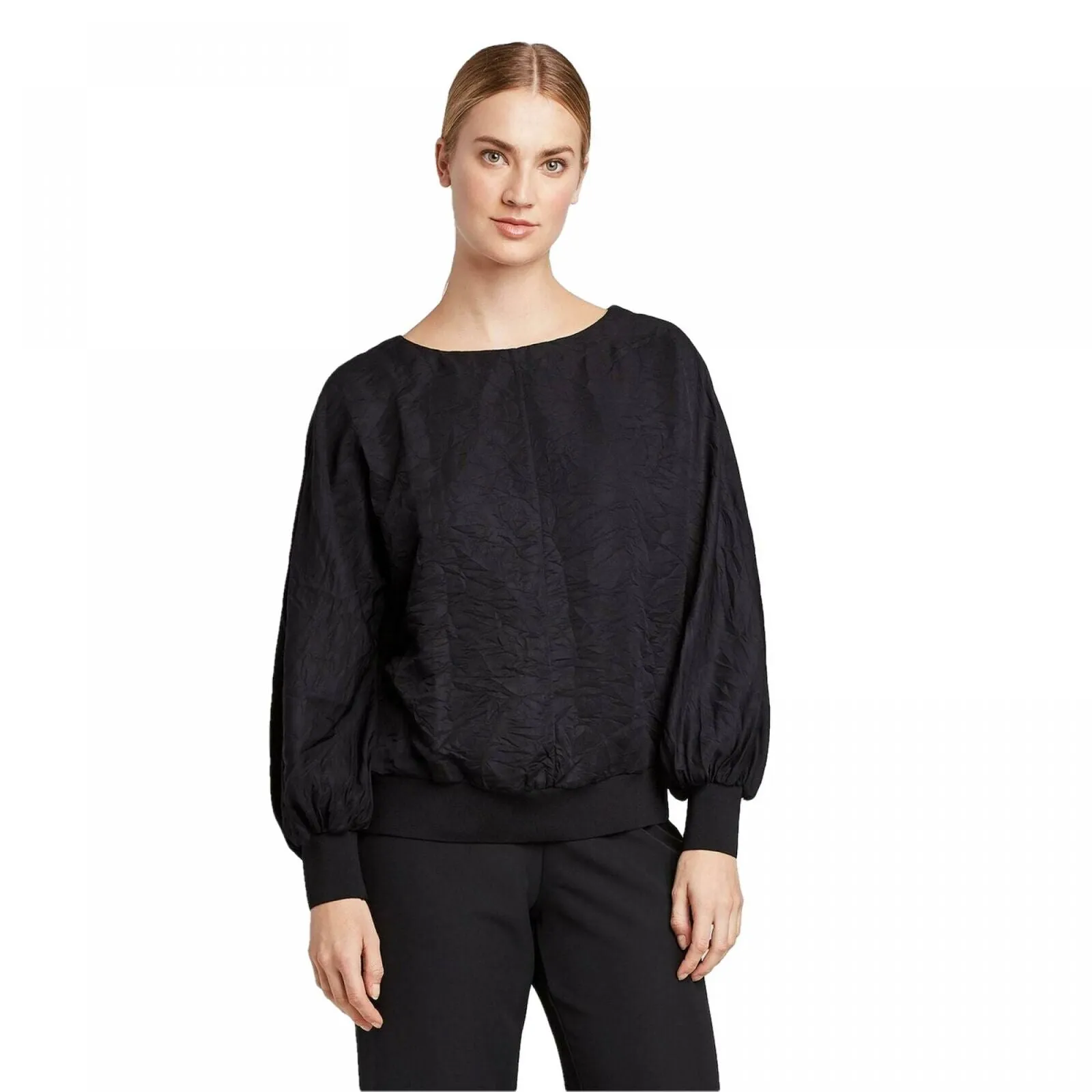 Prologue Women's Textured Blouson Long Sleeve Boat Neck Blouse