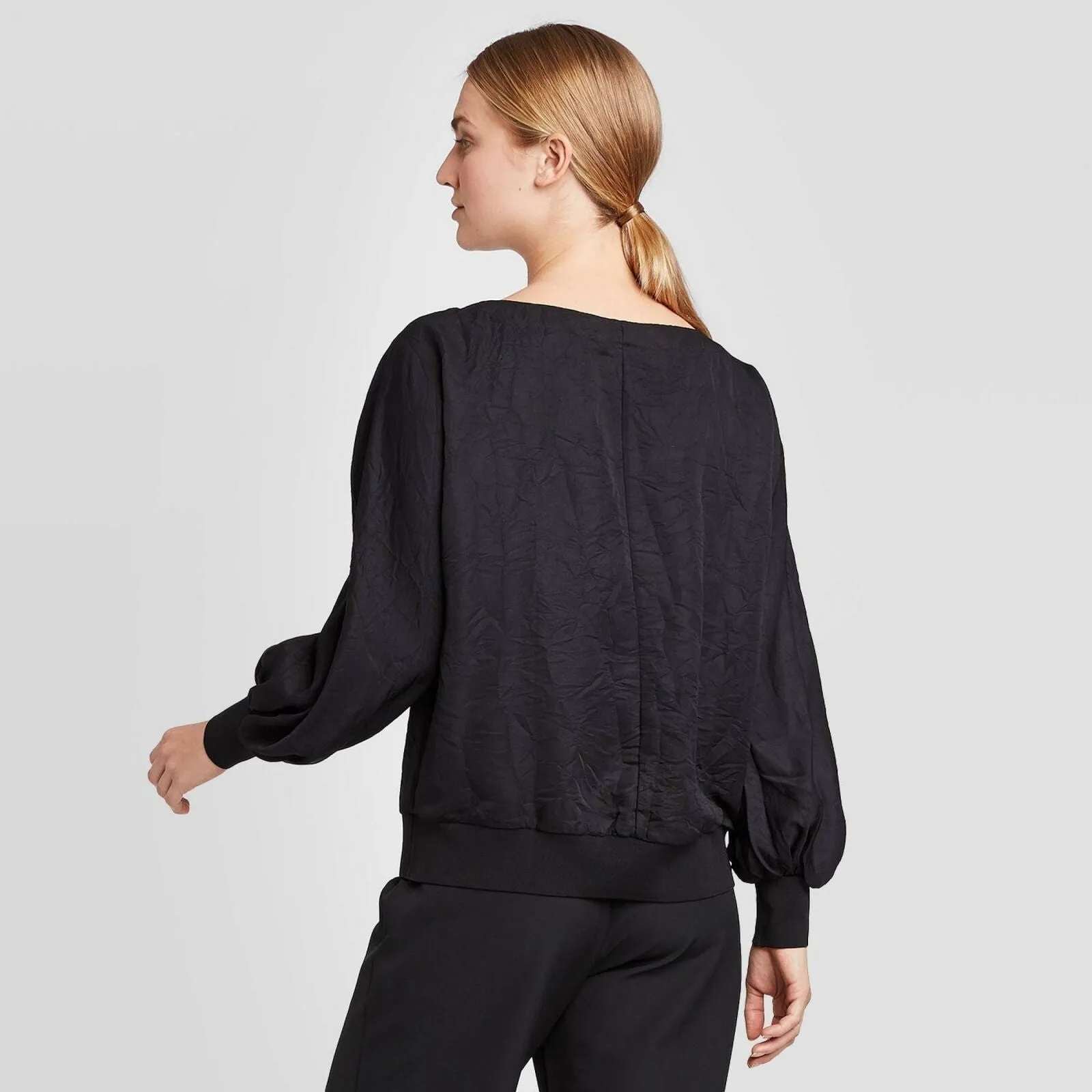 Prologue Women's Textured Blouson Long Sleeve Boat Neck Blouse