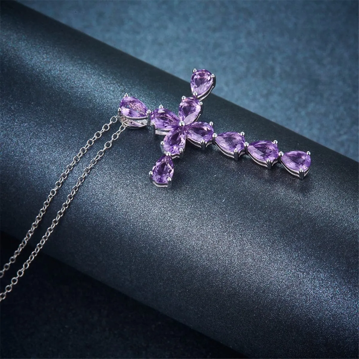 Purple Crystal & Silver-Plated Pear Cut Cross Pendant Necklace
