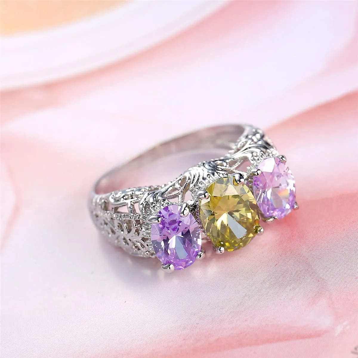 Purple Crystal & Silver-Plated Triple Oval Filigree Ring