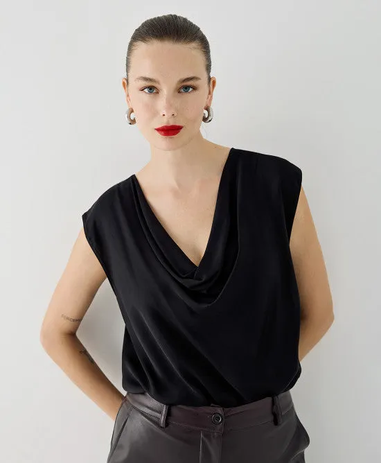 SALE Sleeveless Top with a Draped Neckline-Black