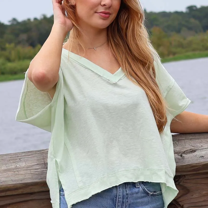 Short Sleeve Raw Edge V-Neck Top