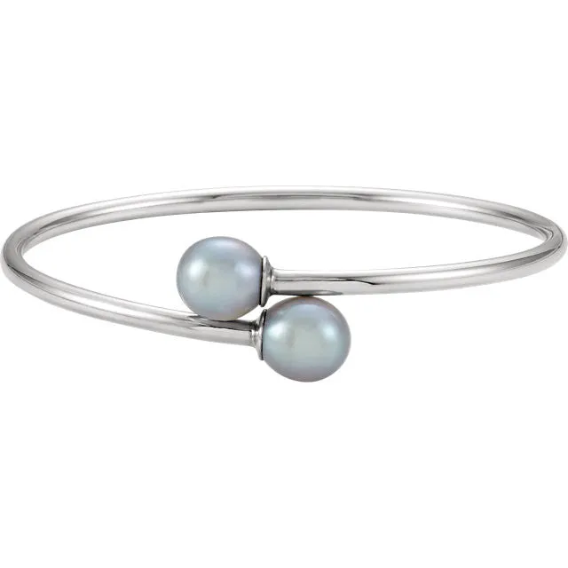 Sterling Silver 9.5mm Grey Pearl Flexible Bangle Bracelet