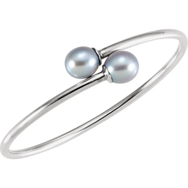 Sterling Silver 9.5mm Grey Pearl Flexible Bangle Bracelet