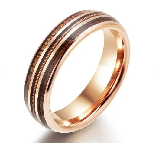 The Apollo Ring -  Whiskey Barrel Wood Guitar String Rose Tungsten Men's Wedding Band 6MM