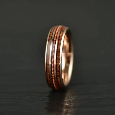 The Apollo Ring -  Whiskey Barrel Wood Guitar String Rose Tungsten Men's Wedding Band 6MM