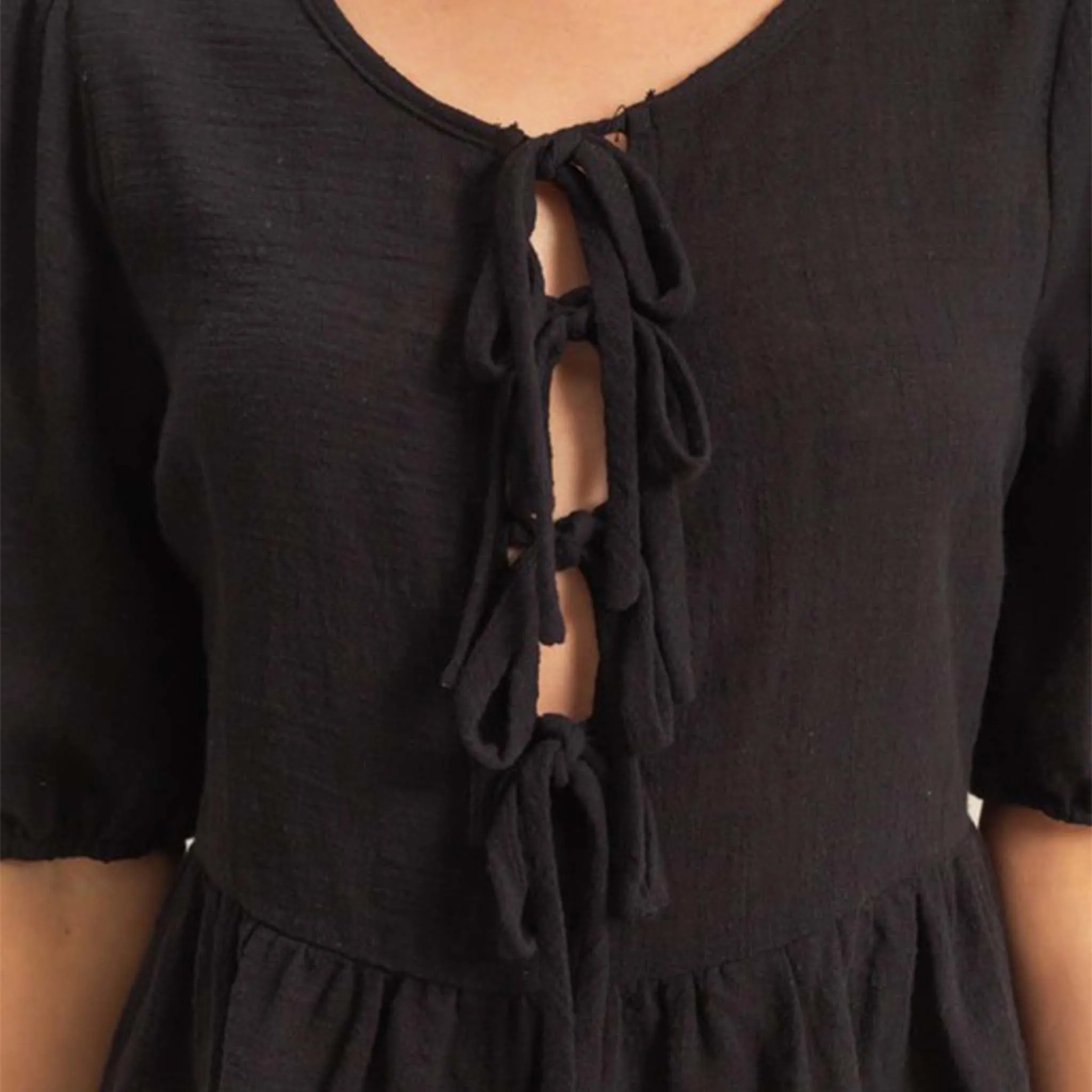 Tie Front Babydoll Woven Short Sleeve Top