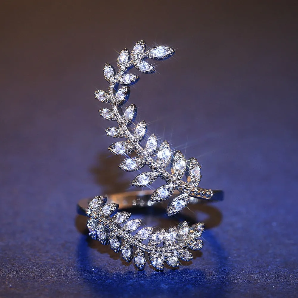 White Sapphire Graceful Leaves Ring 925 Sterling Silver Women's Jewelry