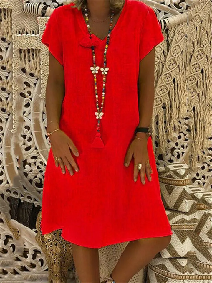 Women's Cozy Short Sleeve Midi Length Shift Dress
