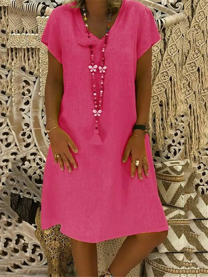 Women's Cozy Short Sleeve Midi Length Shift Dress