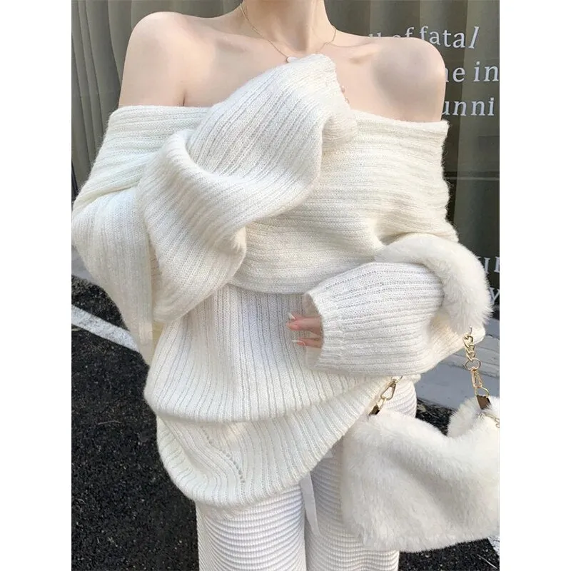 Women's Fashion Sexy White/Red/Khaki Knitted Of Shoulder Sweater Long Sleeve Y2k Elegant Pullover