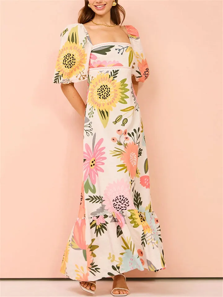 Women's Flower Printed Square Neck Lantern Sleeve Dresses