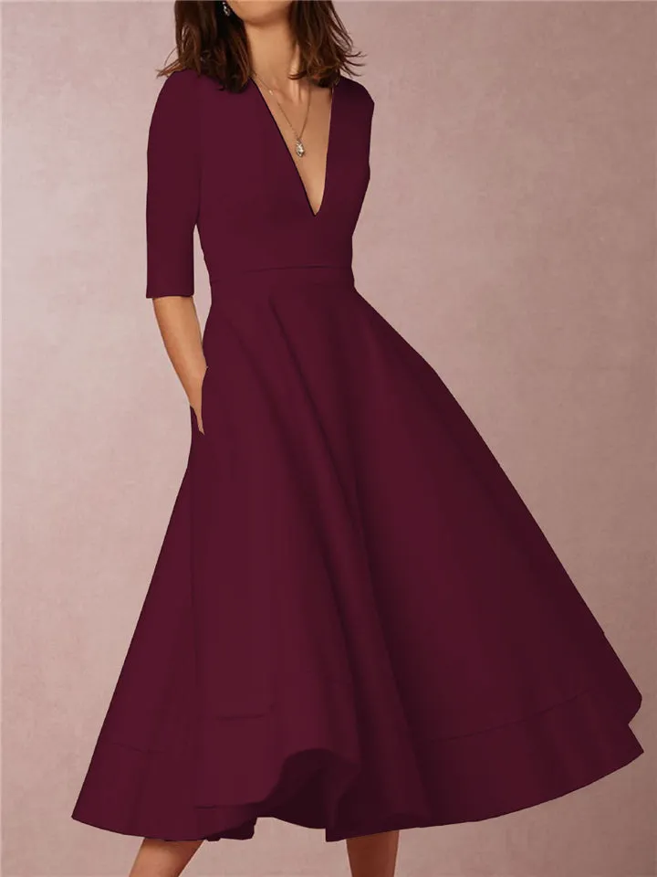 Women's Graceful Deep-V Design Half Sleeve A Line Midi Dress