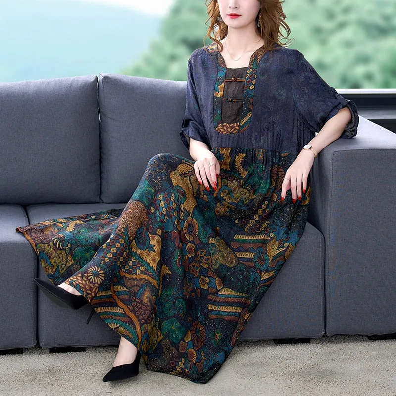 Women's Hepburn Elegant Maxi Dress Black Floral Mulberry Silk Loose Waist Maxi Dress