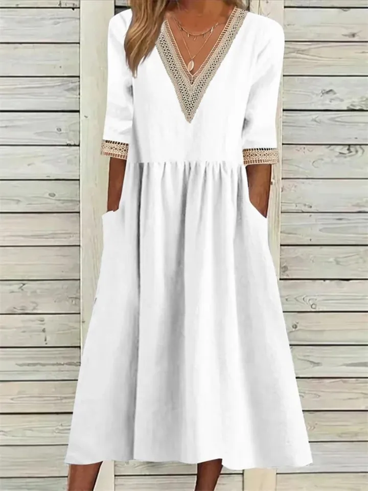 Women's Lace V Neck Half Sleeve Pocket Cotton Linen A-line Dress