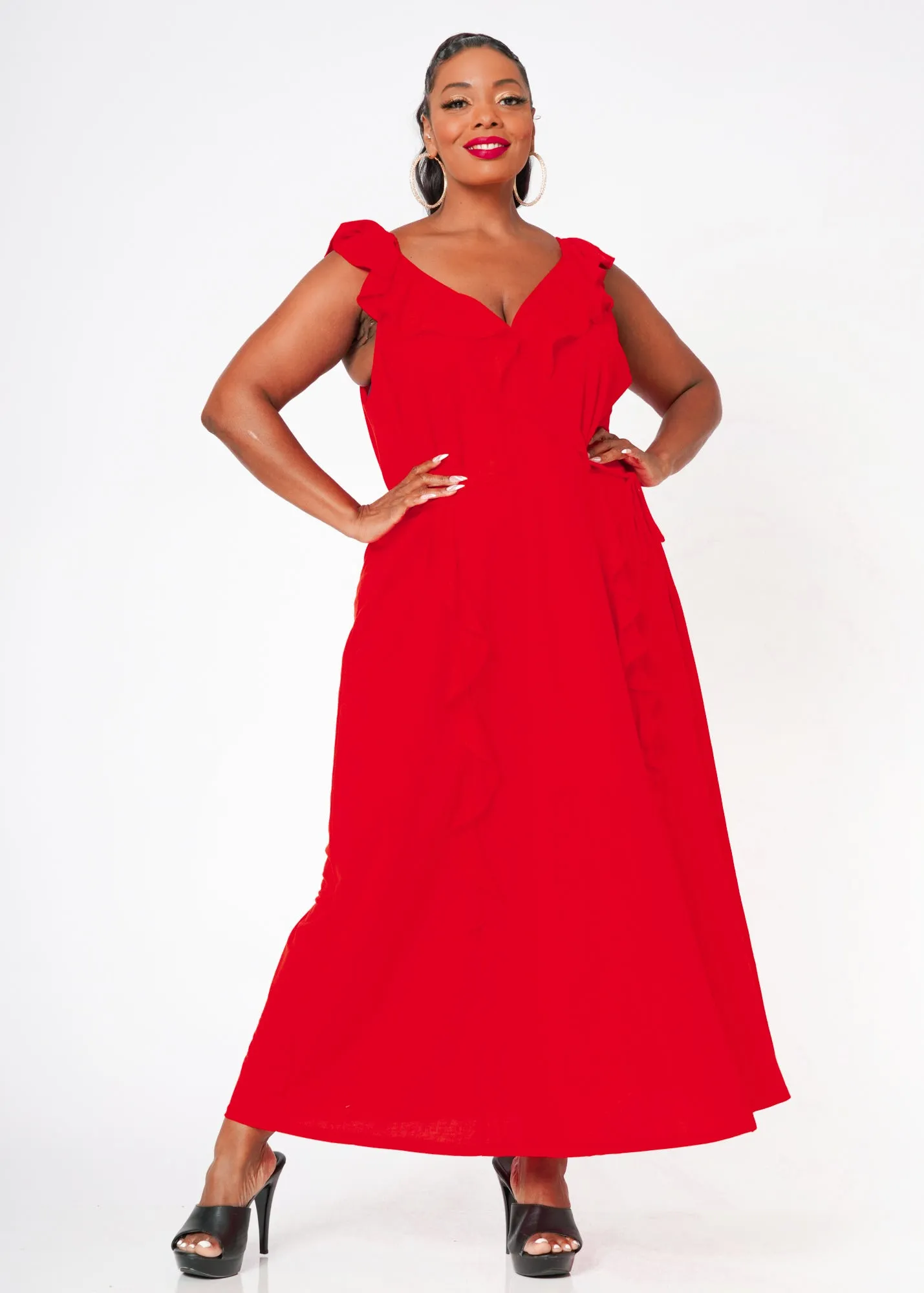Women's Plus Size Ruffle Trim Wrapped Maxi Dress in Red