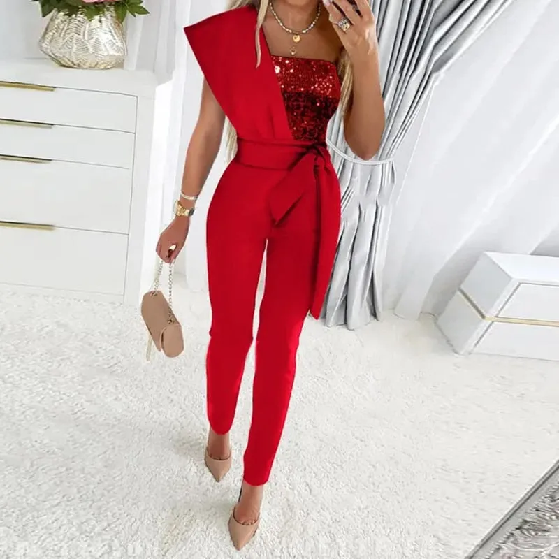 Women's Sexy One Shoulder Sequins Elegant Jumpsuit